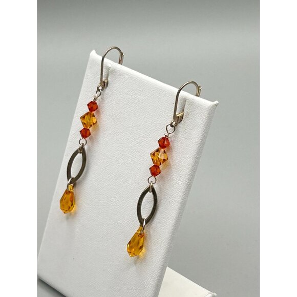 Sterling Silver and Orange Glass Beads Dangles Long Pierced Leverback Closure - Picture 4 of 7